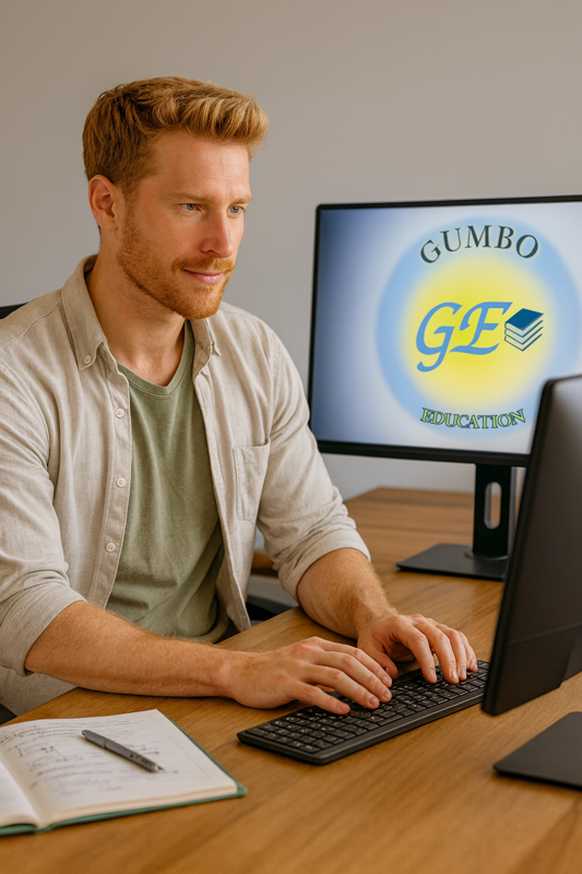 Rusty sitting at a computer working on an AI class presentation